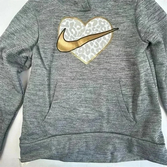Nike Girls Dri-FIT Hoodie 6-7 Gray Leopard Heart Gold Swoosh Pullover - Picture 4 of 9